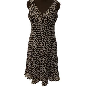 Adrianna Papell Petites Black Tan Polka Dot 100% Silk Y2K Midi Dress Size 10P